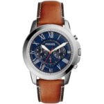 Fossil Grant Chronograph Blue Dial Brown Leather Strap Watch for Men - FS5210