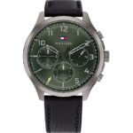 Tommy Hilfiger Asher Chronograph Green Dial Black Leather Strap Watch For Men - 1791856