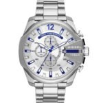 Diesel Mega Chief Chronograph White Dial Silver Steel Strap Watch For Men - DZ4477