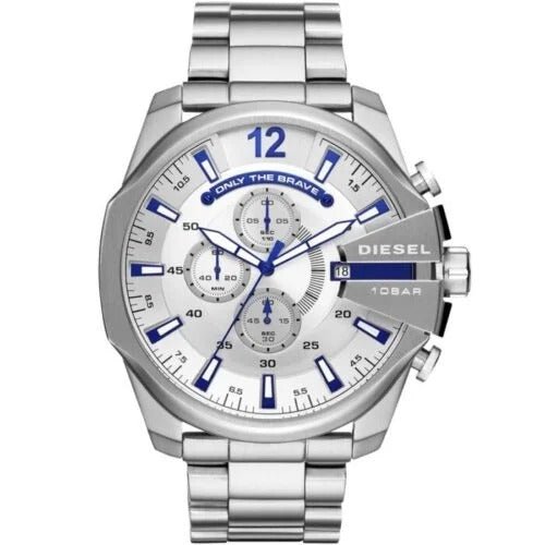 Diesel Mega Chief Chronograph White Dial Silver Steel Strap Watch For Men - DZ4477