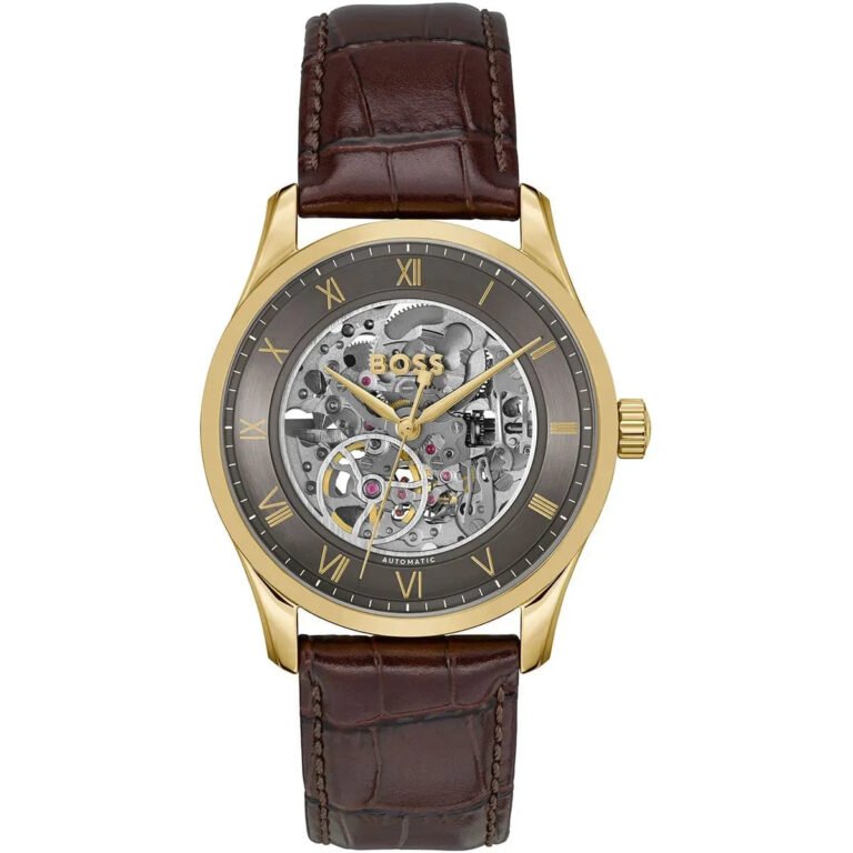Hugo Boss Principle Skeleton Grey Dial Brown Leather Strap Watch for Men - 1514235