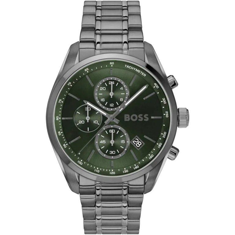 Hugo Boss Grand Prix Chronograph Green Dial Gunmetal Grey Steel Strap Watch for Men - 1514228