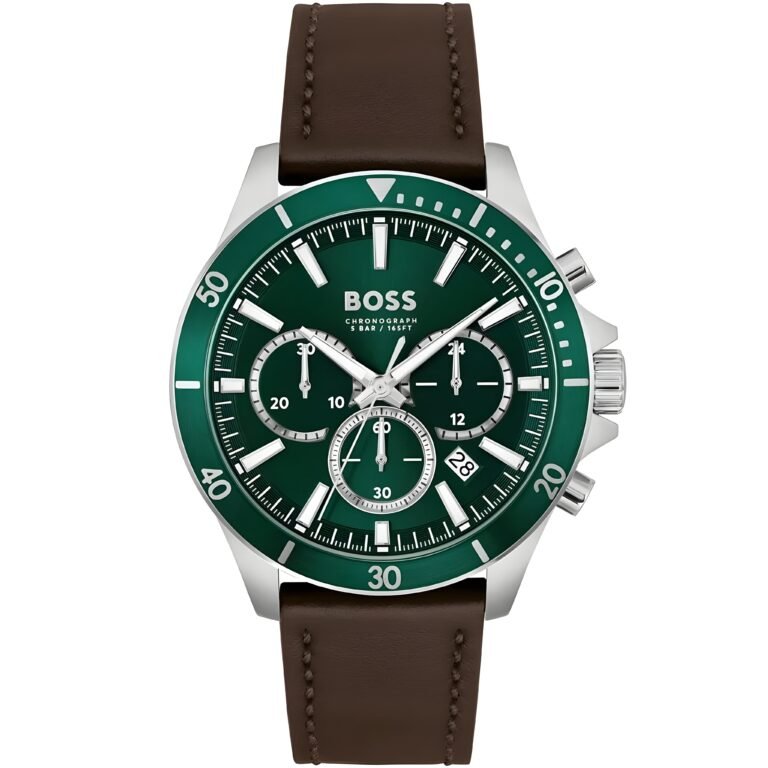 Hugo Boss Troper Chronograph Green Dial Brown Leather Strap Watch For Men - 1514098
