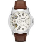 Fossil Grant Twist Multi-Function White Dial Brown Leather Strap Watch for Men - ME1144