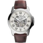 Fossil Grant Automatic Beige Skeleton Dial Brown Leather Strap Watch for Men - ME3099