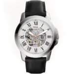 Fossil Grant Automatic Skeleton White Dial Black Leather Strap Watch for Men - ME3101