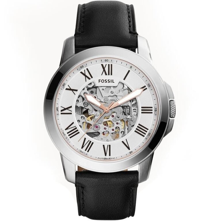 Fossil Grant Automatic Skeleton White Dial Black Leather Strap Watch for Men - ME3101