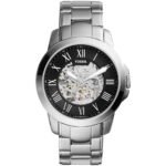 Fossil Grant Automatic Skeleton Black Dial Silver Steel Strap Watch for Men - ME3103