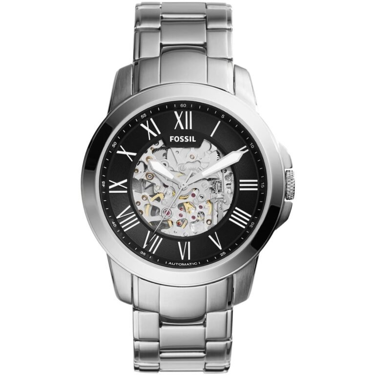 Fossil Grant Automatic Skeleton Black Dial Silver Steel Strap Watch for Men - ME3103