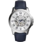 Fossil Grant Automatic Skeleton Silver Dial Blue Leather Strap Watch for Men - ME3111